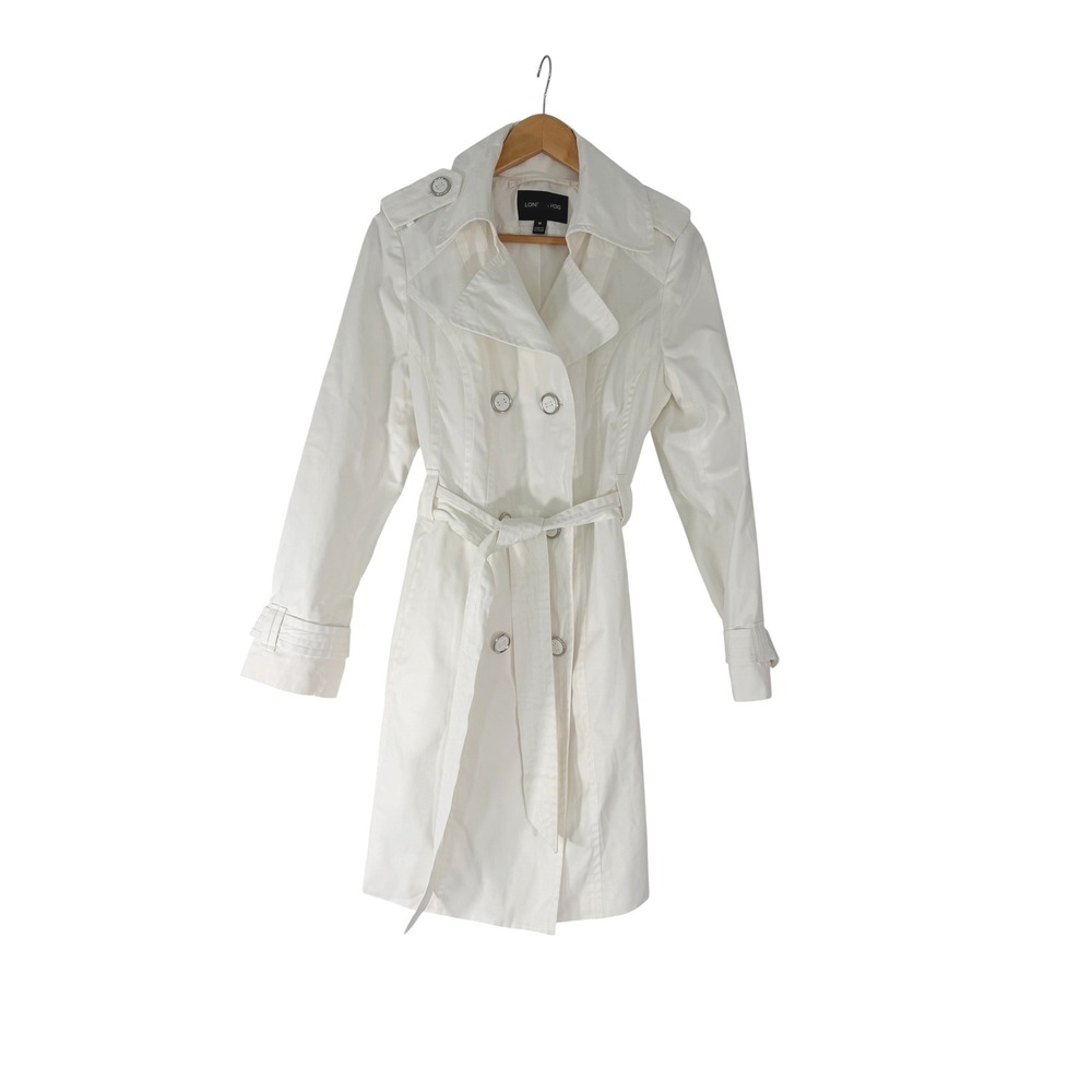 London Fog Womens White Double Breasted Trench Coat Belted Mid Length Size M